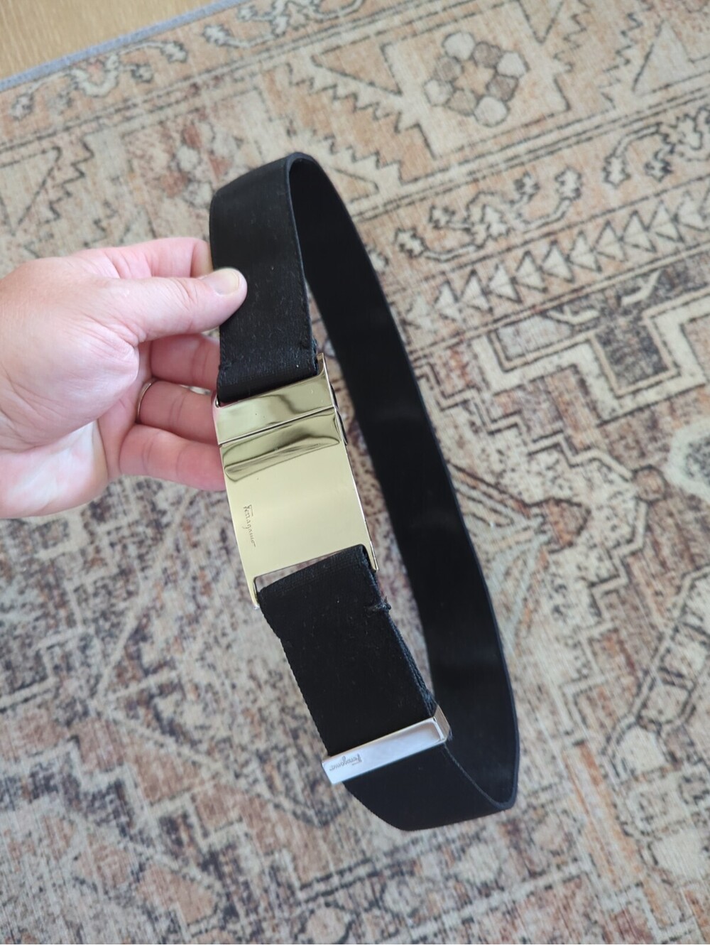 classic Salvatore Ferragamo adjustable plaque belt Black Silver Buckle Women's